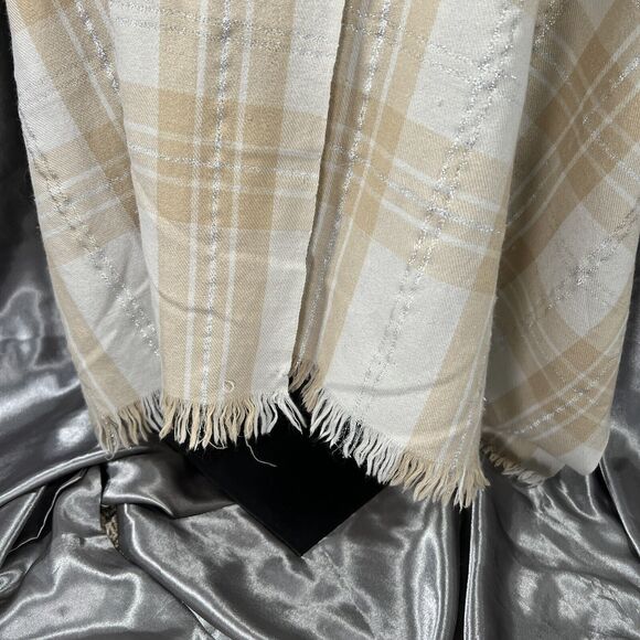 J. Crew Lambswool Plaid Scarf Preppy Beige Tan Silver Fall Winter Fringe 76"x20" - Picture 7 of 13